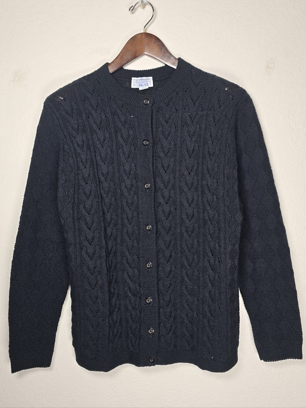 VTG 70s 80s Black Cable Knit Cardigan Sweater L M